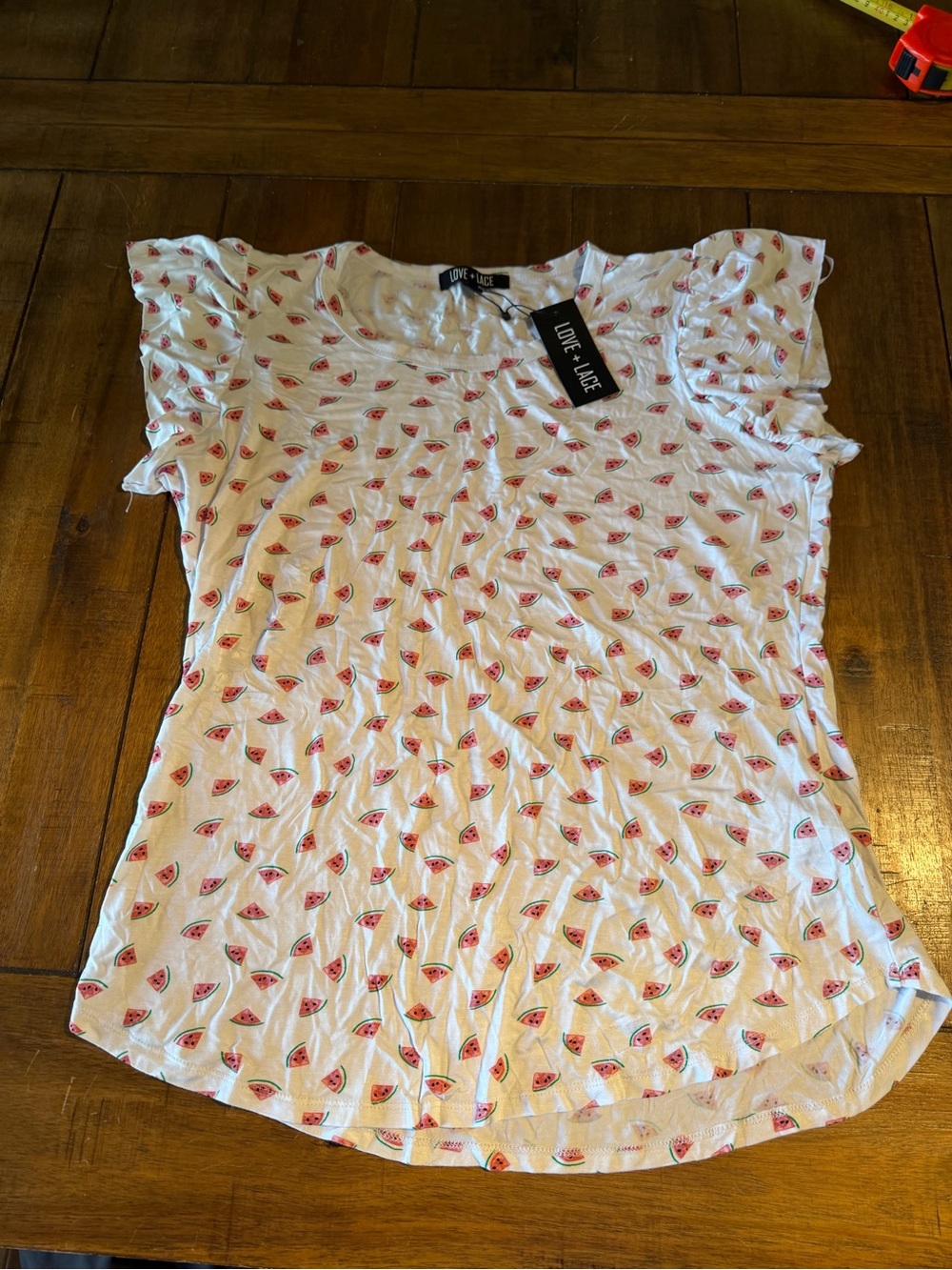 White Watermelon Print Ruffle Sleeve Tee